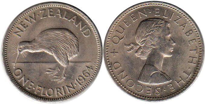 coin New Zealand florin 1964