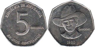 moneda Nicaragua 5 cordobas 1980