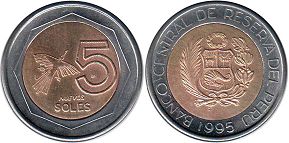moneda Peru 5 nuevos soles 1995