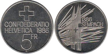 Münze Schweiz 5 franc 1986 Sempach