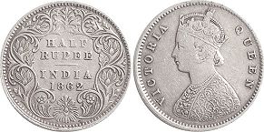 coin British India 1/2 rupee 1862