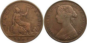 coin UK old half penny 1861