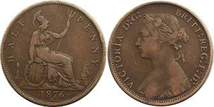 coin UK old half penny 1876