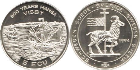 Münze Schweden 5 ecu 1994