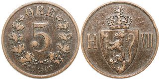 mynt Norge 5 öre 1907