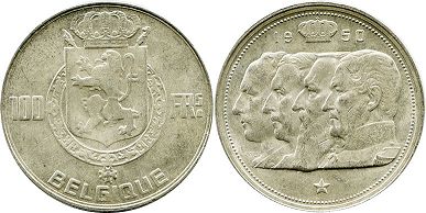 pièce Belgique 100 francs 1950