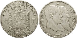 coin Belgium 2 francs 1880
