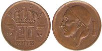 coin Belgium 20 centimes 1954