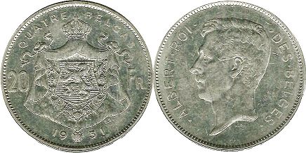 pièce Belgique 20 francs 1931