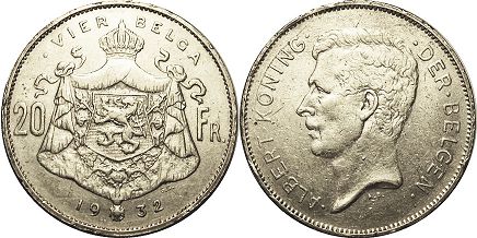 coin Belgium 20 francs 1932
