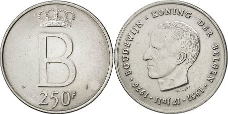pièce Belgique 250 francs 1976
