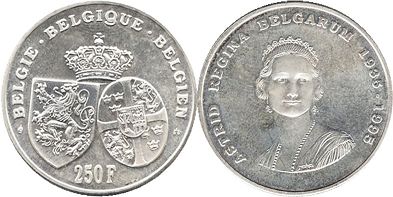 pièce Belgique 250 francs 1995