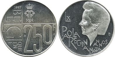 pièce Belgique 250 francs 1997