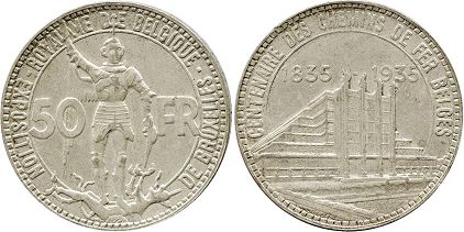 pièce Belgique 50 francs 1935