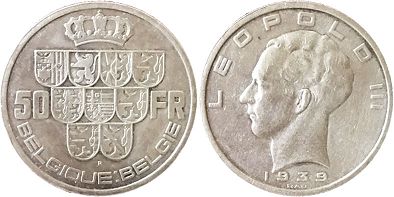 coin Belgium 50 francs 1939