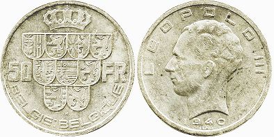 pièce Belgique 50 francs 1940