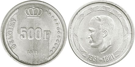 pièce Belgique 500 francs 1991