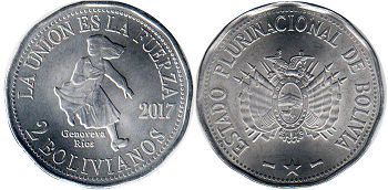 moneda Bolivia 2 bolivianos 2017 Genoveva Rios