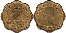 coin Ceylon 2 cents 1957