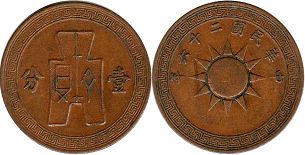 pièce Chine 1 cent 1937