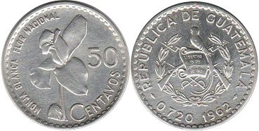 moneda Guatemala 50 centavos 1962