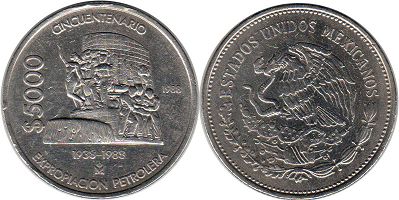 moneda Mexico 5000 pesos 1988 nacionalización de la industria petrolera