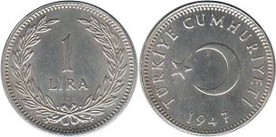 coin Turkey 1 lira 1947