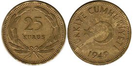 coin Turkey 25 kurus 1949