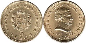 moneda Uruguay 5 pesos 1965