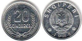 coin Albania 20 qindarka 1988
