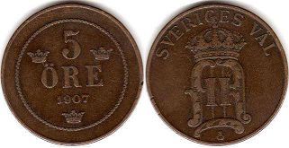 coin Sweden 5 ore 1907