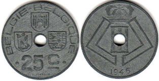 pièce Belgique 25 centimes 1946