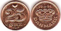 mynt Danmark 25 öre 1991