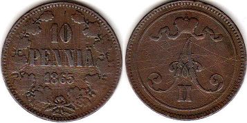 mynt Finland 10 pennia 1865