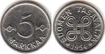 mynt Finland 5 markkaa 1954