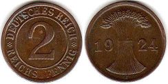 Münze German Weimar 2 pfennig 1924