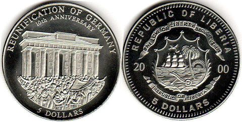 coin Liberia 5 dollars 2000