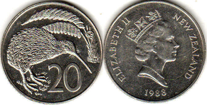 coin New Zealand 20 cents 1988