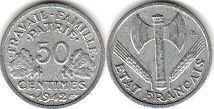 moneda Francia 50 céntimos 1942