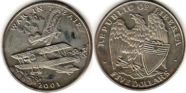 coin Liberia 5 dollars 2001
