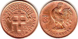 piece Madagascar 1 franc 1943