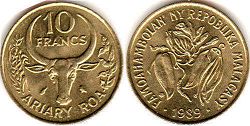 coin Madagascar 10 francs 1989