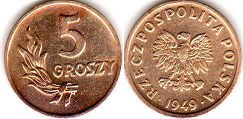 moneta Polska 5 groszy 1949