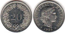 coin Switzerland 20 rappen 1989