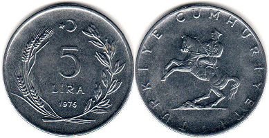 moneda Turkey 5 lira 1976