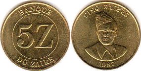 coin Zaire 5 zaire 1987