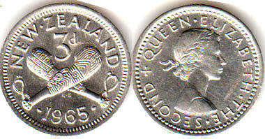 coin New Zealand 3 pence 1965