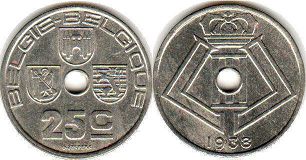 pièce Belgique 25 centimes 1938