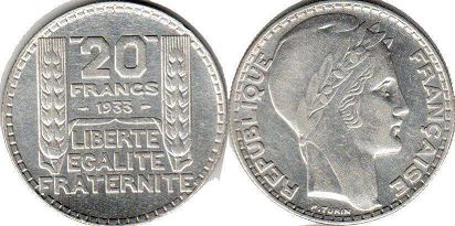 moneda Francia 20 francos 1933