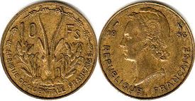 coin French West Africa 10 francs 1956